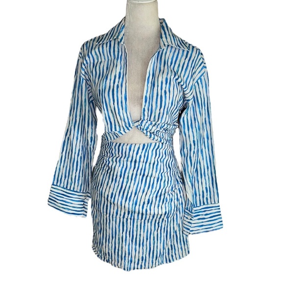 NWT Zara Blue & White Striped Linen Blend Cutout Midriff Twist Mini Dress - XS - Picture 7 of 16